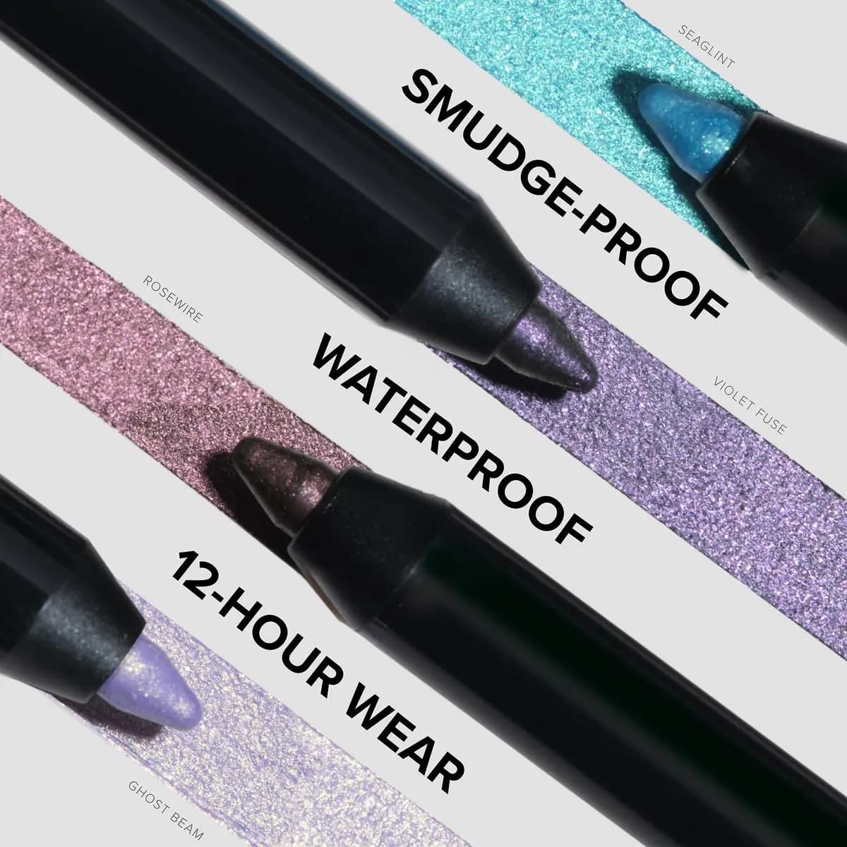 Three black gel eyeliner pencils with sparkly swatches labeled Smudge-Proof, Waterproof and 12-Hour Wear in shades Seaglint
