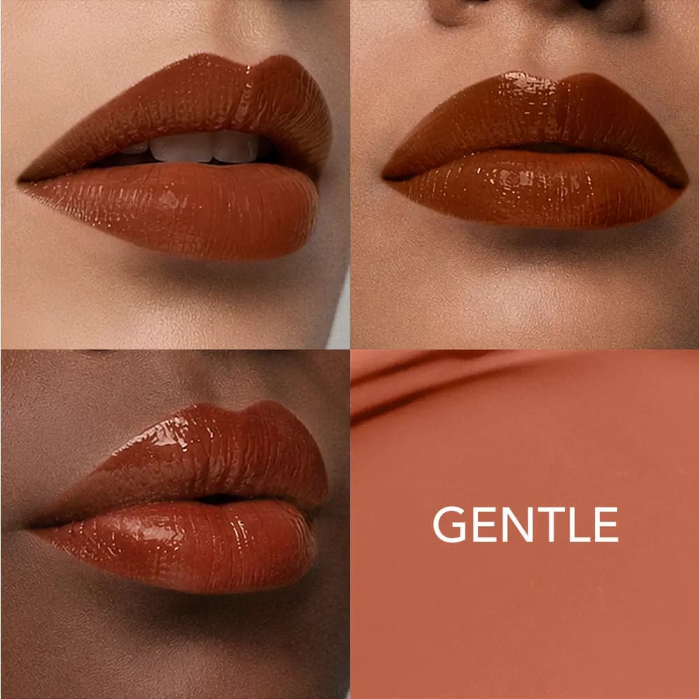 Gentle, a warm terracotta brown gloss, shown on three skin tones beside a flat colour swatch