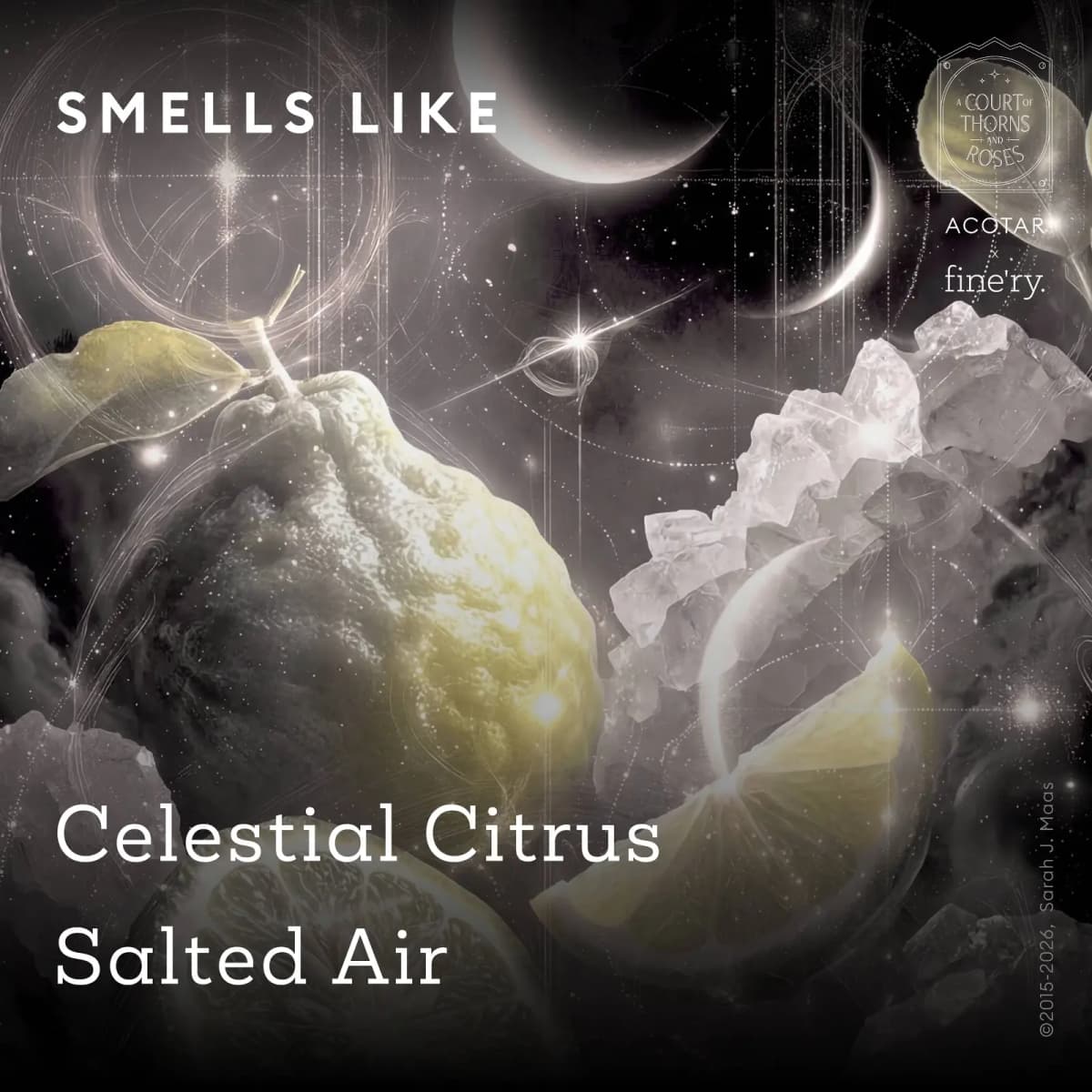 Muted citrus fruit, lemon wedge and salt crystals under crescent moons, text Celestial Citrus and Salted Air
