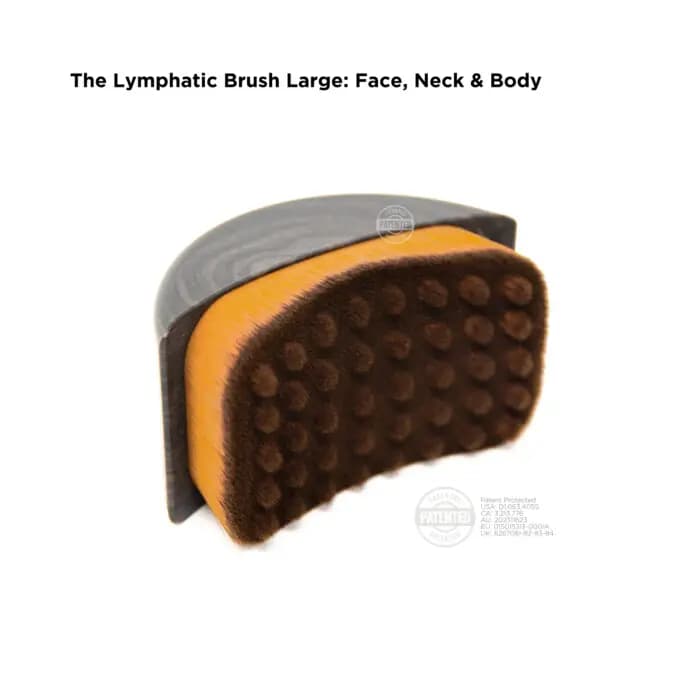 The Lymphatic Brush Large on white, showing rows of rounded brown nubs, amber fibre edge and grey top with patent marks