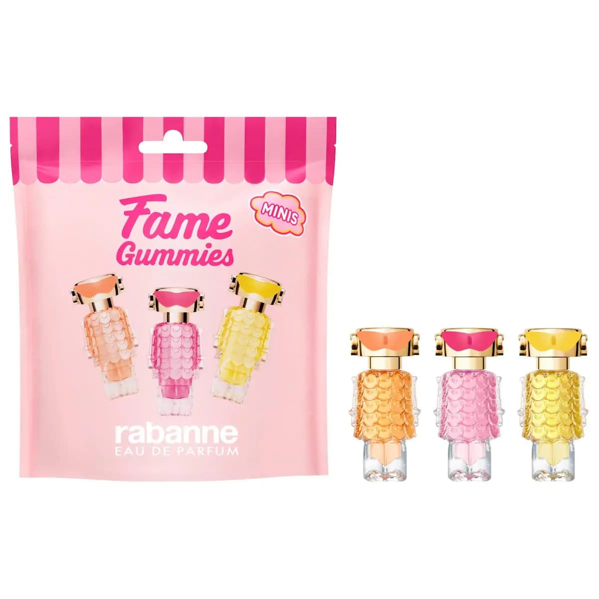 Pink striped Fame Gummies pouch beside orange, pink and yellow mini eau de parfum bottles on a white background
