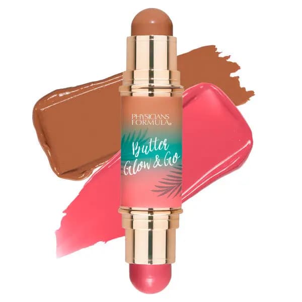 Dual-ended stick with cocoa bronze and bright watermelon pink shades on matching swatches