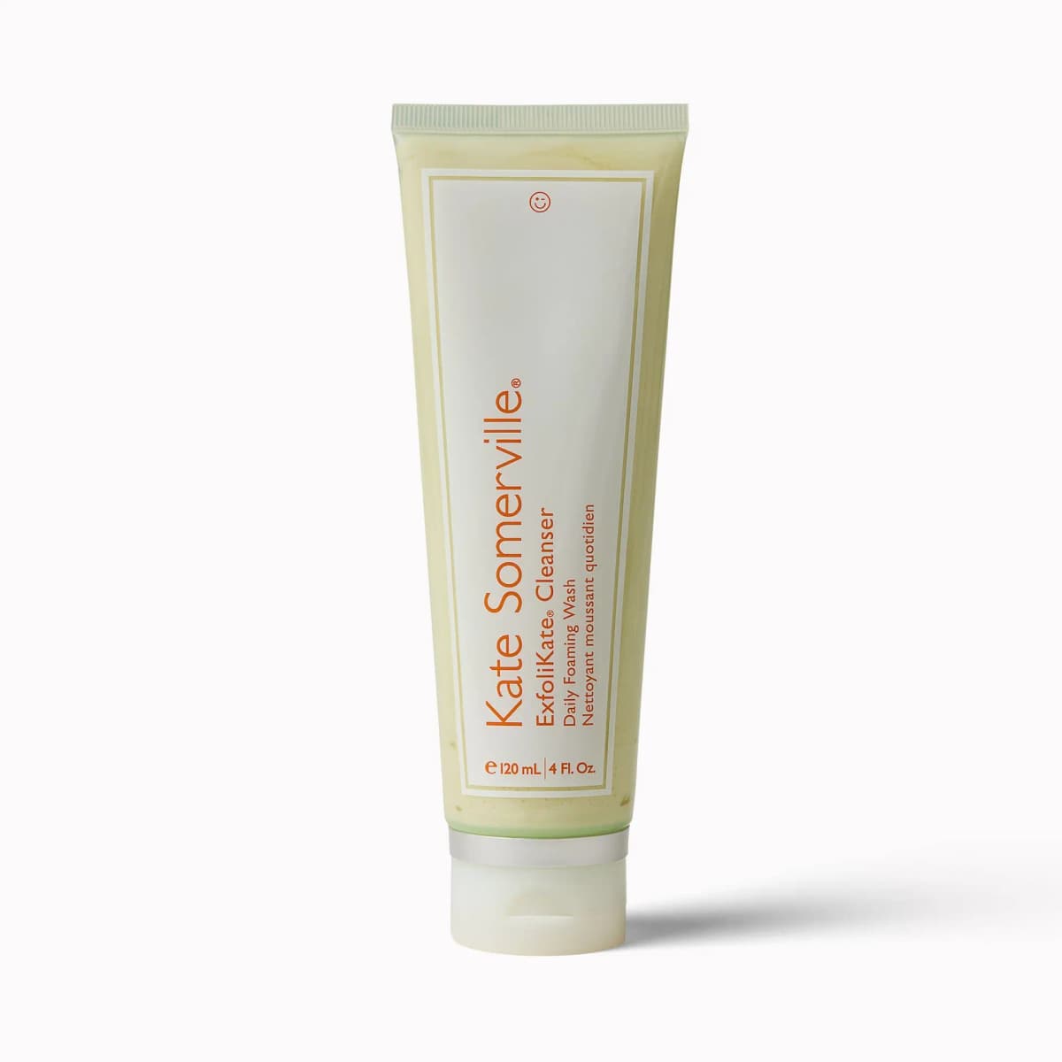 Pale green Kate Somerville ExfoliKate Cleanser Daily Foaming Wash tube with orange lettering, 120ml