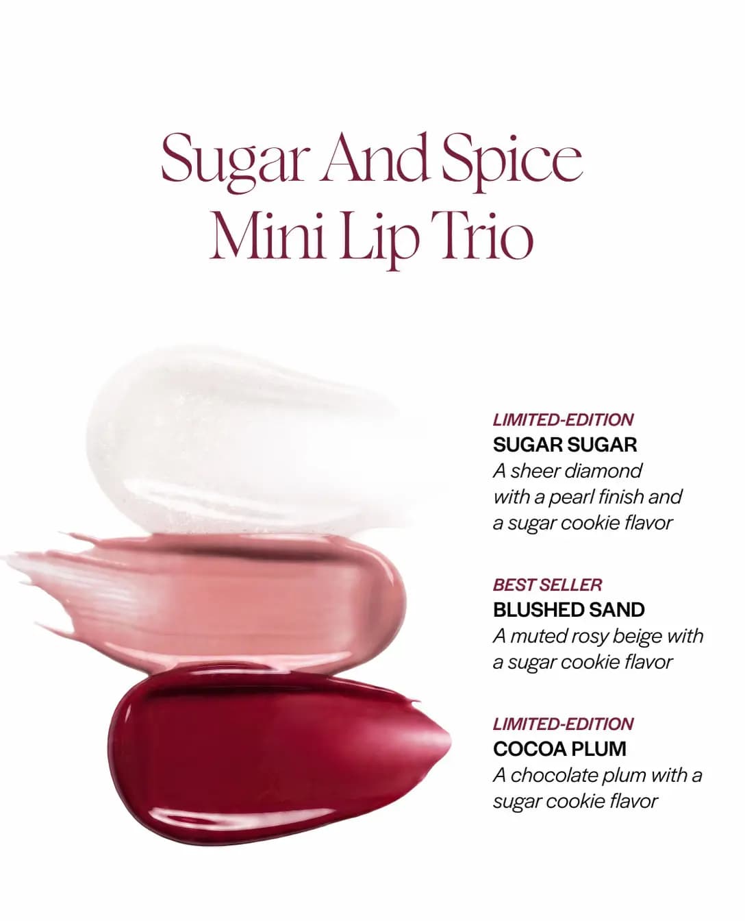 Lawless Sugar And Spice Mini Lip Trio swatches: pearly Sugar Sugar, rosy beige Blushed Sand, and deep Cocoa Plum