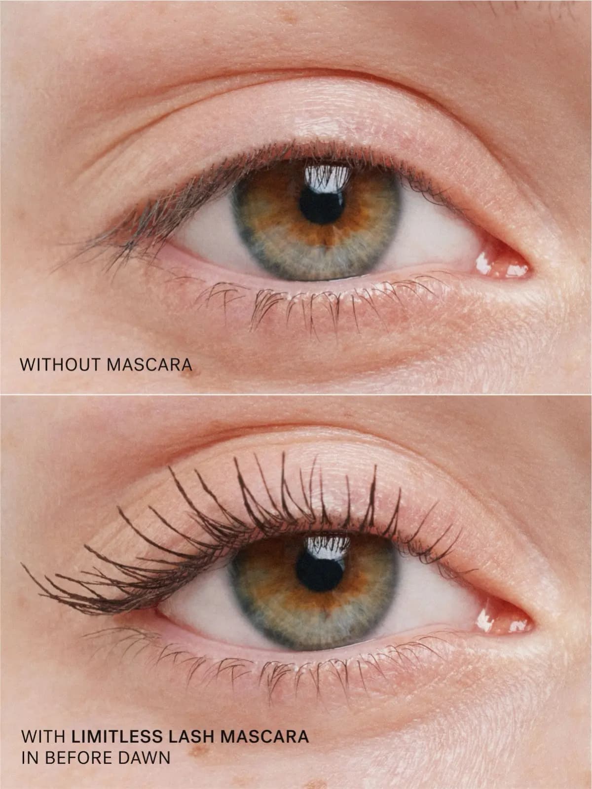Before and after eye comparison showing bare lashes above and softly lengthened lashes with Limitless Lash in Before Dawn