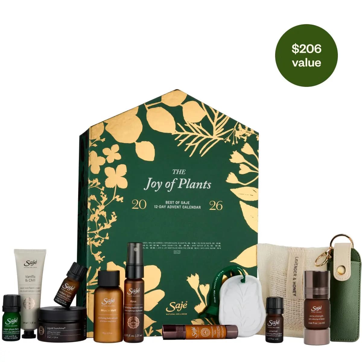 Saje Joy of Plants 2026 house-shaped advent calendar with its 12 products arranged in front and a $206 value badge