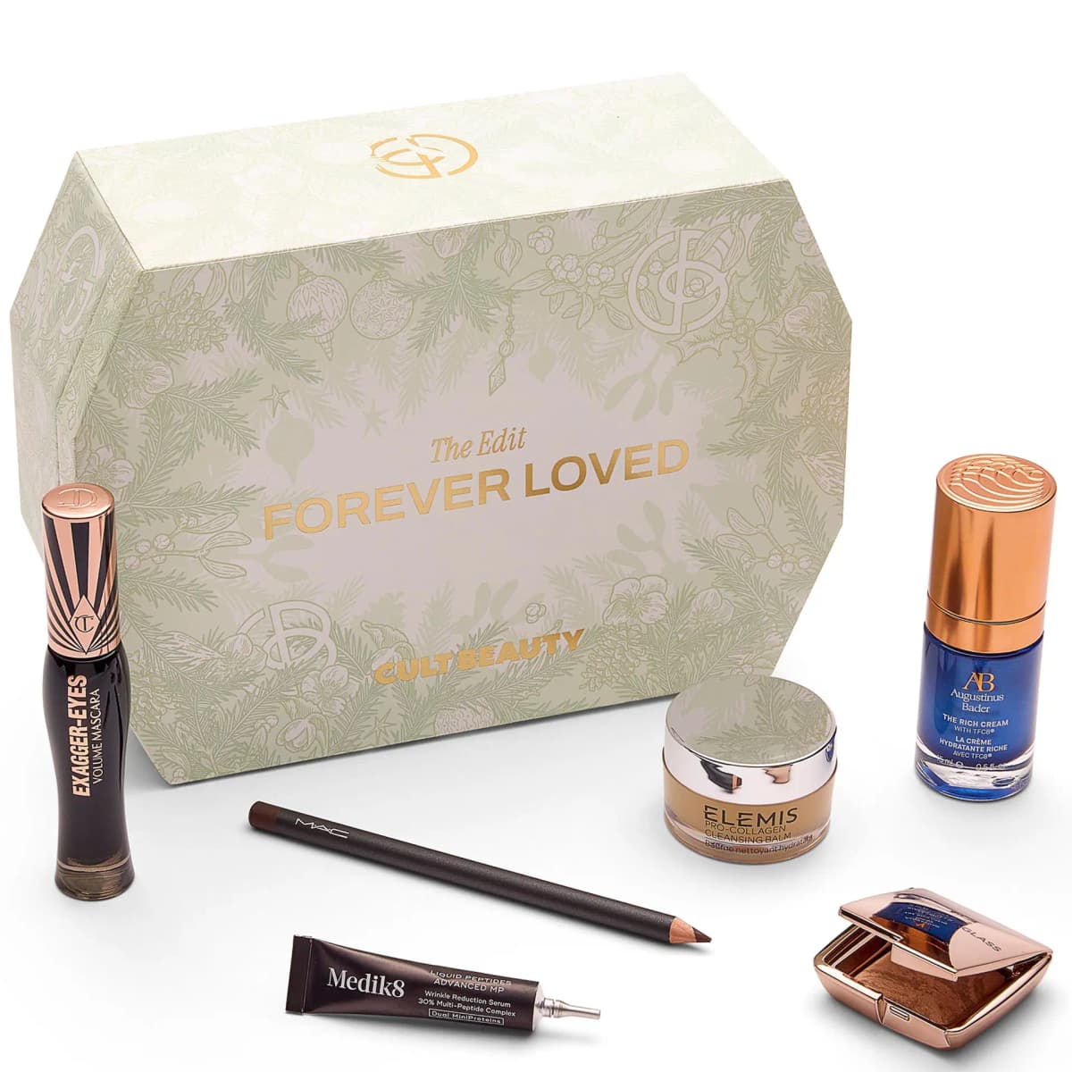 Forever Loved box on white with Elemis cleansing balm, Medik8 serum tube, Augustinus Bader bottle and bronze compact