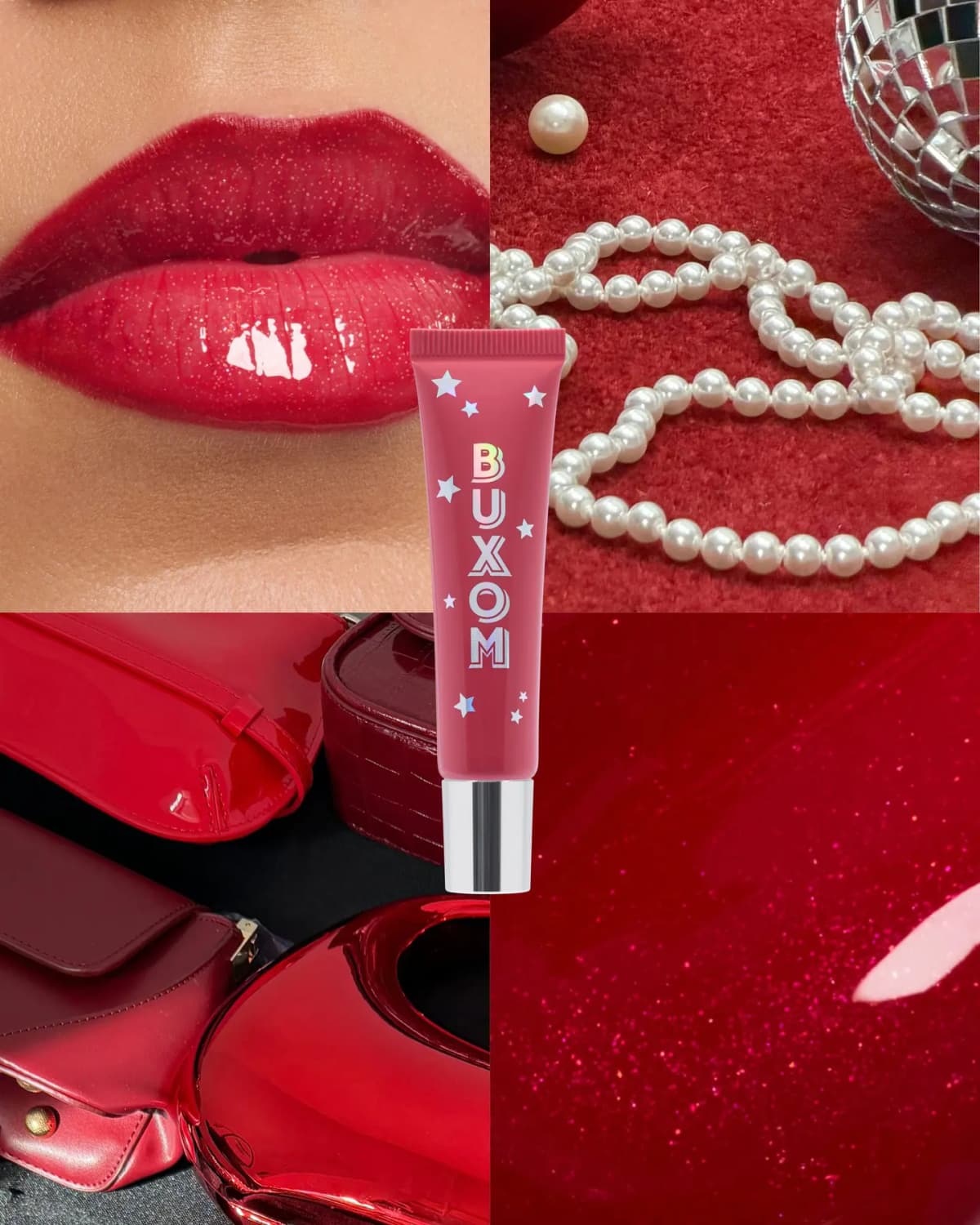 Collage featuring glossy red lips, pearls, a disco ball, red accessories, and a pink BUXOM lip tint tube with stars