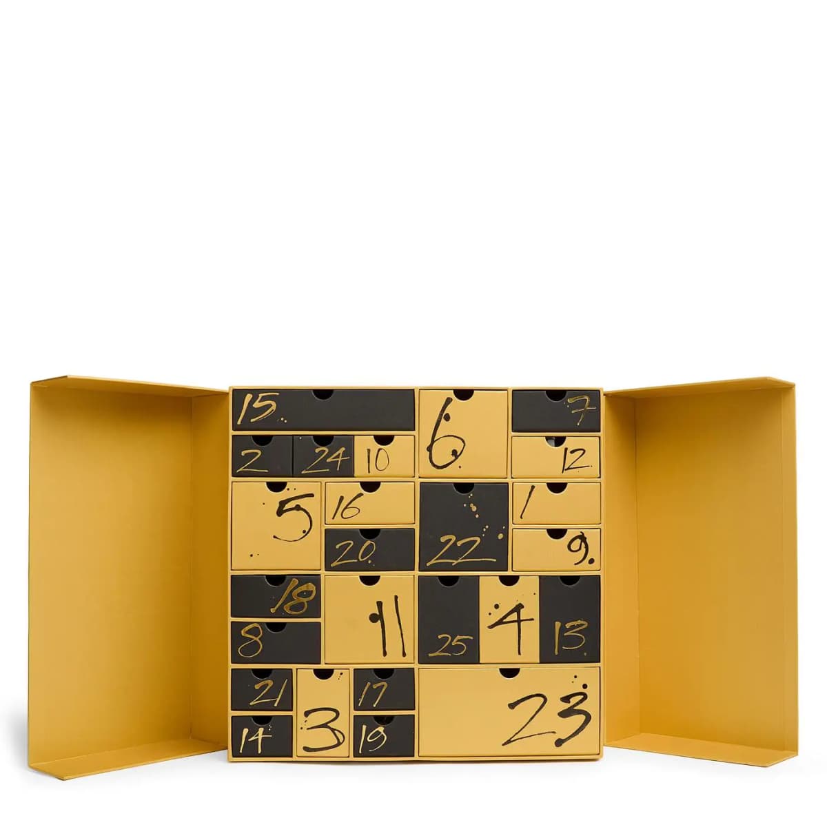 Fully open gold box revealing 25 gold and black drawers with handwritten numbers