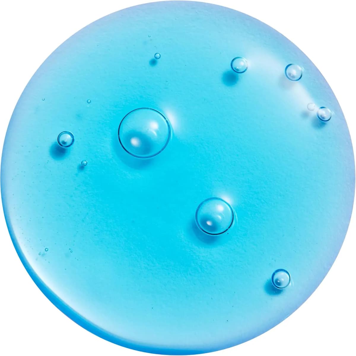 Close-up swatch of clear blue gel serum with scattered air bubbles