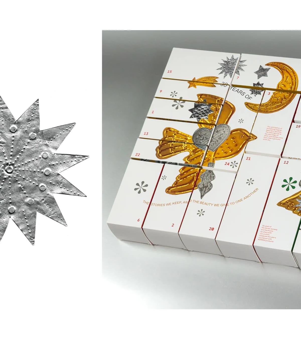 Embossed silver star beside angled white calendar boxes showing a gold dove, moon and silver heart
