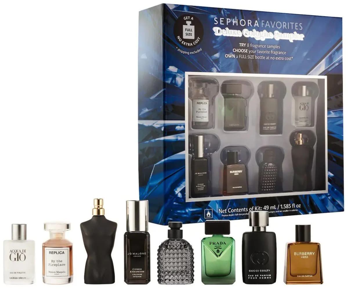 Sephora Favorites Deluxe Cologne Sampler blue crystal-print box with eight minis incl. Prada, Burberry Hero and Acqua di Gio