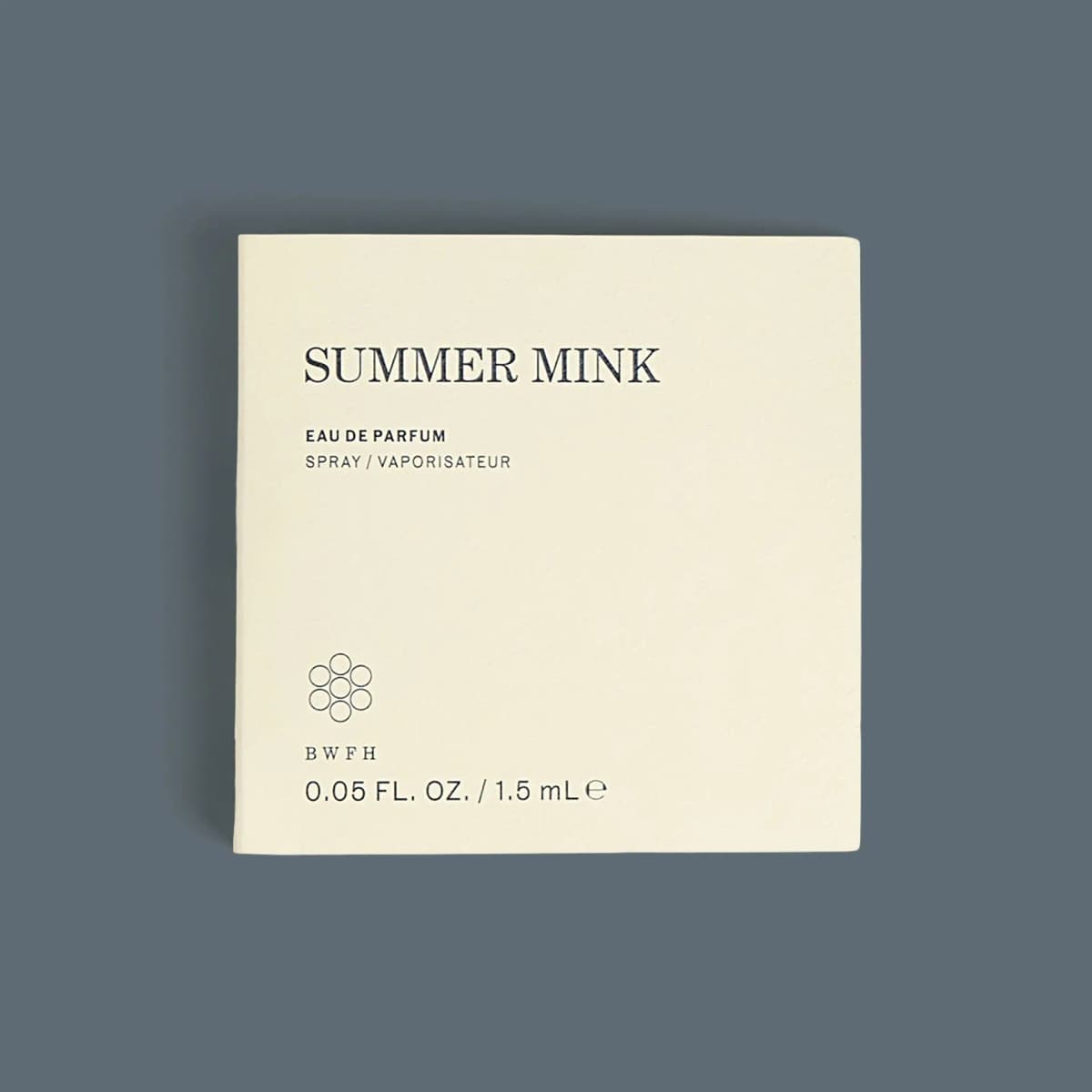 Cream BWFH Summer Mink Eau de Parfum 1.5ml sample card with serif lettering on slate grey