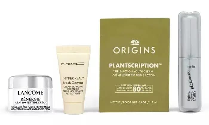 Lancôme Rénergie cream jar, MAC Hyper Real Fresh Canvas cleanser, Origins Plantscription sachet and silver Tarte mascara
