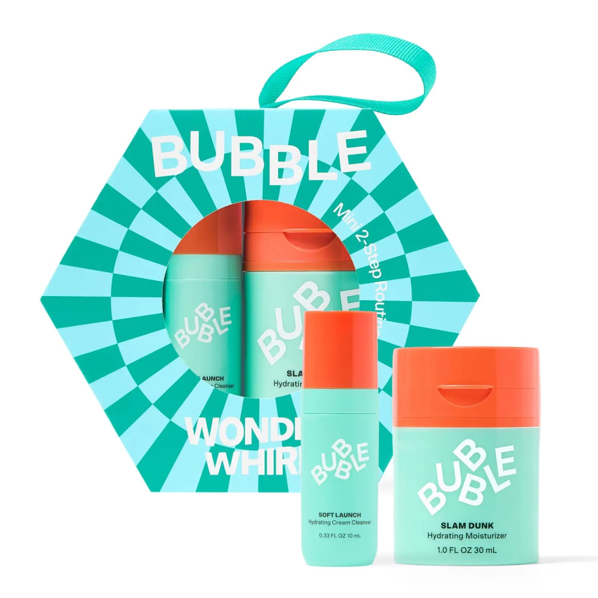 Wonder Whirl teal hexagon ornament box with ribbon loop beside mini Soft Launch cleanser and Slam Dunk moisturizer