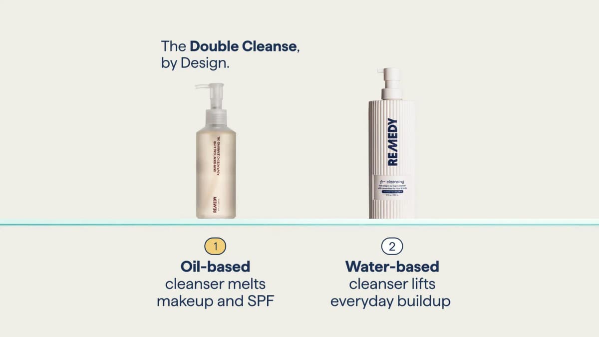 Cleansing oil bottle and white ribbed Remedy foaming cleanser on a shelf, labelled as steps 1 and 2 of a double cleanse