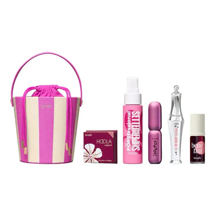 Benefit striped pink bucket bag with Hoola, POREfessional Super Setter spray, BADgal Bounce, Brow Setter and Benetint
