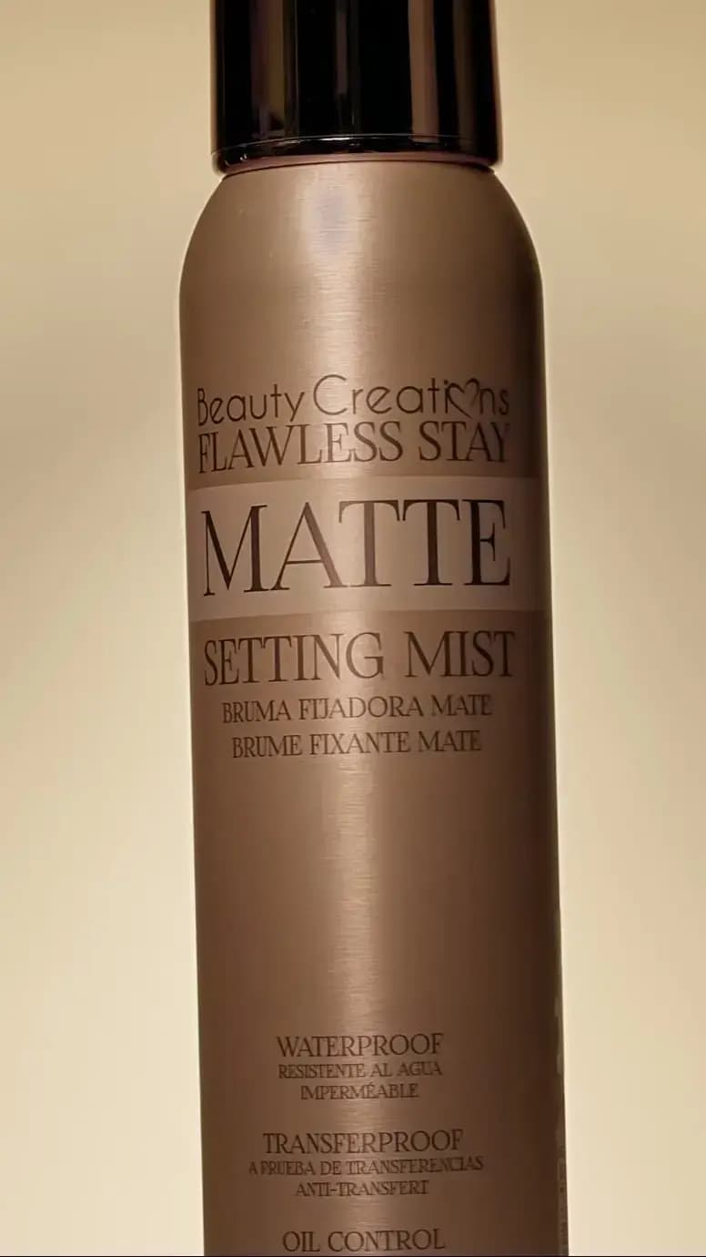 Matte Setting Mist can with taupe band label listing waterproof, transferproof and oil control claims