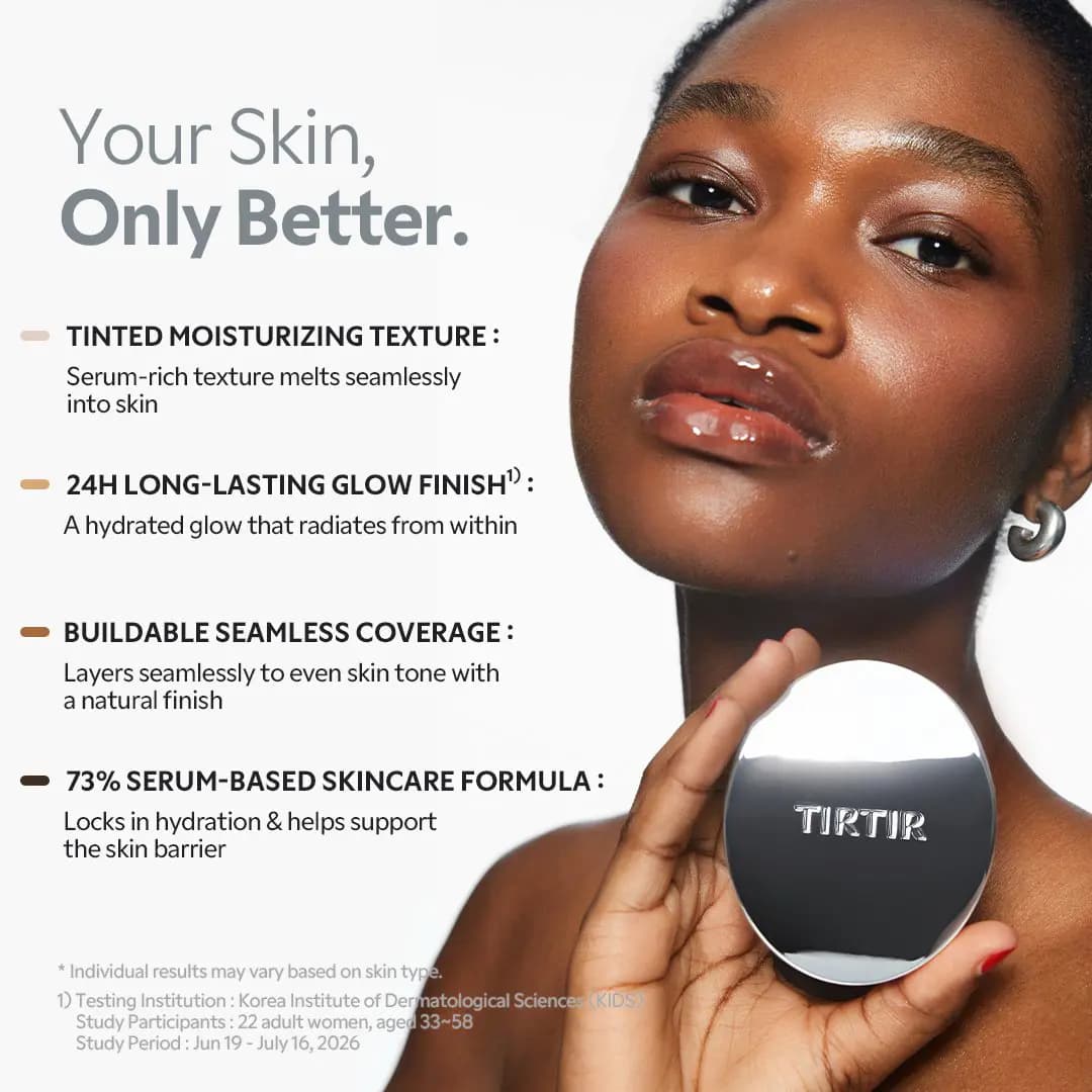 Model with dewy deep skin holds a mirrored TIRTIR compact next to a list of four formula claims, including 73% serum base.