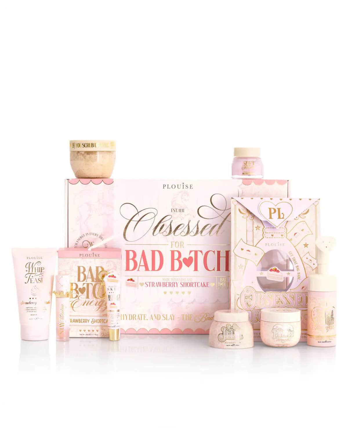 Obsessed For Bad Bitch Strawberry Shortcake box with body scrub, Whip Tease, lip products, jars and foaming cleanser
