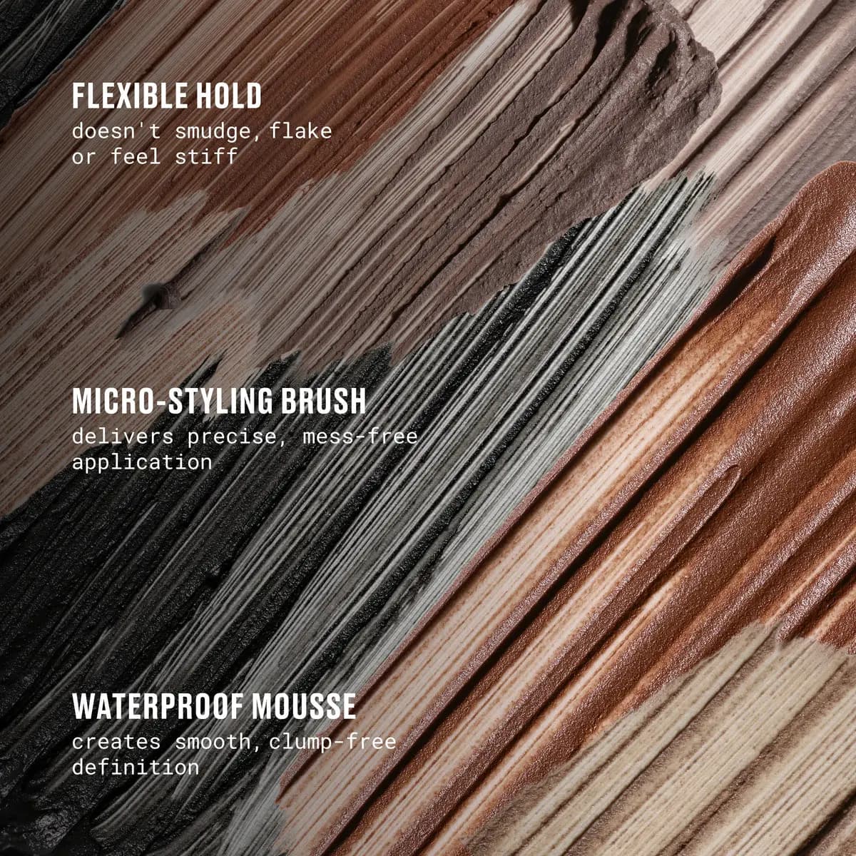 Diagonal swatches in brown, black and copper with callouts for flexible hold, brush and waterproof mousse