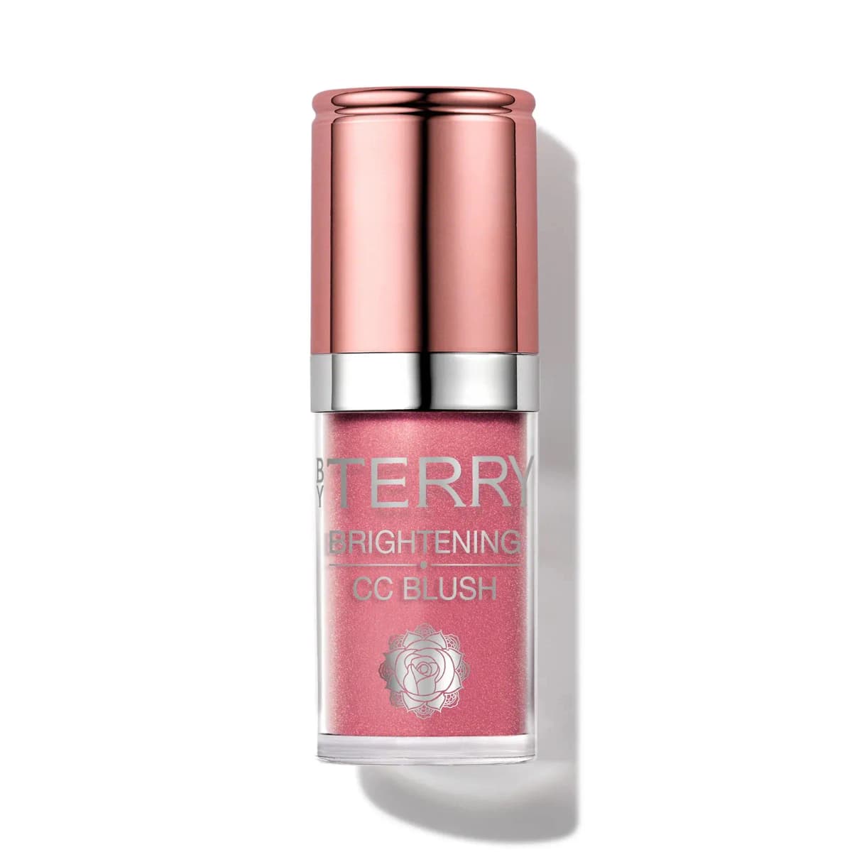 By Terry Brightening CC Blush in a medium rose-pink with pearly sheen and silver rose logo, on white.