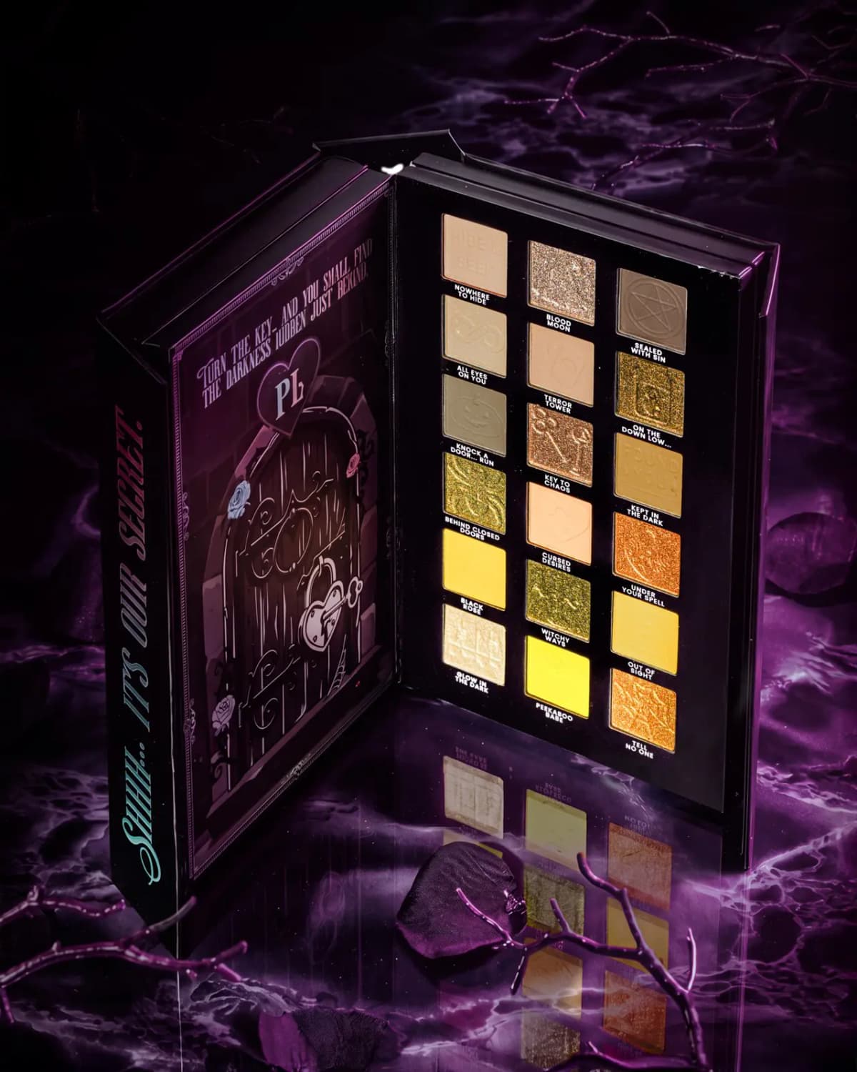 Palette page of cream, gold, chartreuse and yellow shadows beside an illustrated locked door with heart padlock