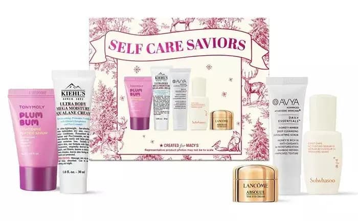 Self Care Saviors Set in a pink toile box with Tonymoly Plum Bum, Kiehl's, AVYA, Sulwhasoo and gold Lancôme Absolue jar