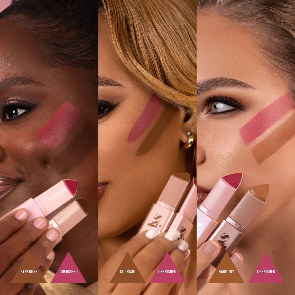 Three cheek swatches of Cherished blush paired with Strength, Courage and Harmony bronzers on three skin tones