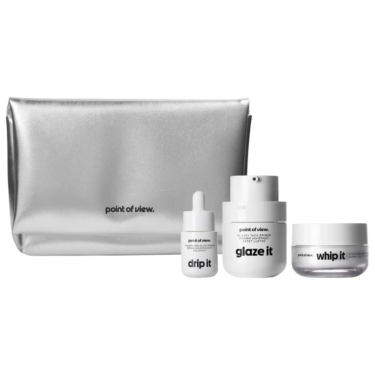 Silver metallic pouch with drip it serum, glaze it primer pump bottle and whip it cream jar