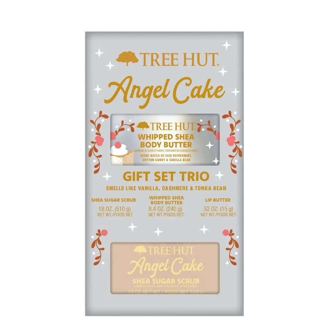 Silver Angel Cake Gift Set Trio box with windows showing the body butter and sugar scrub, plus lip butter