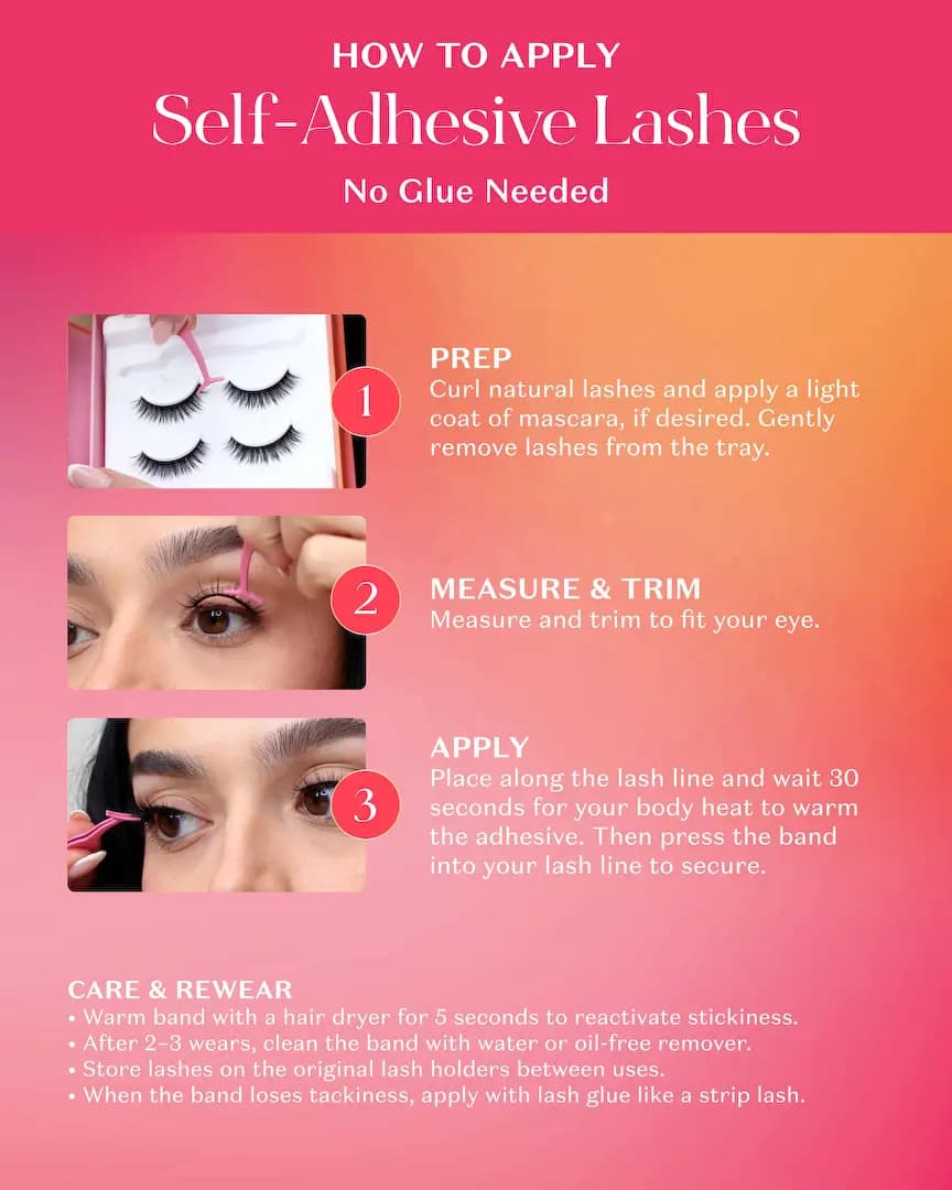 How-to guide showing prep, measure and trim, and apply steps for self-adhesive lashes plus care and rewear tips