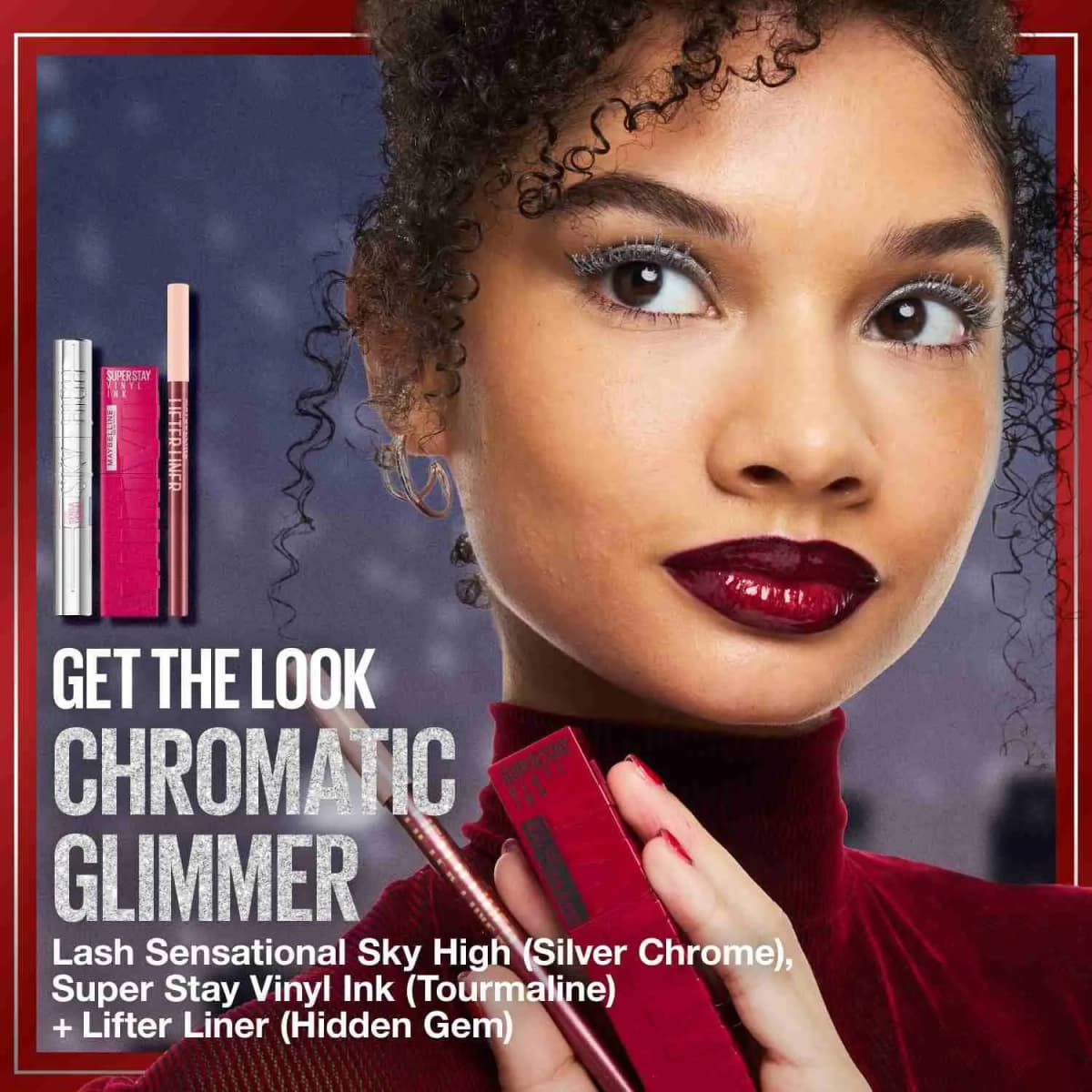 Curly-haired model with silver lashes and glossy dark lips holding products for the Chromatic Glimmer get-the-look