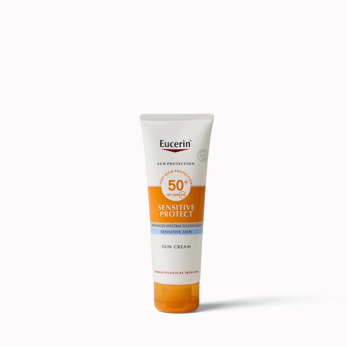 White and orange Eucerin Sensitive Protect SPF 50+ sun cream tube with orange cap