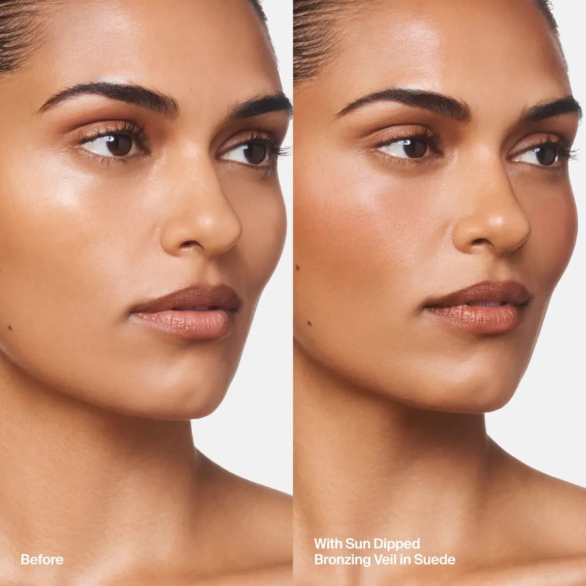 Before and after of a medium-skinned model with a bronzed, glowing cheek wearing the Bronzing Veil in shade Suede
