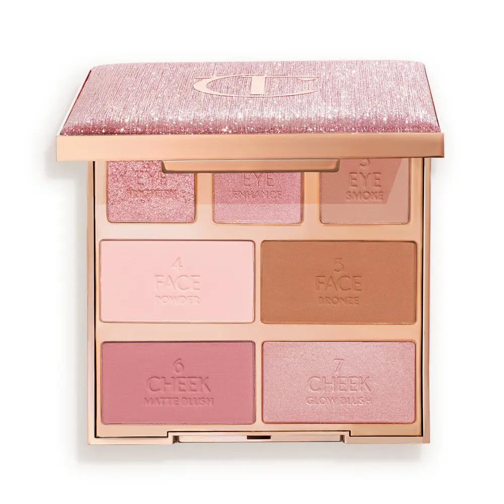Square face palette with pink glitter lid and seven pans labelled for eye, face powder, bronze, matte and glow blush