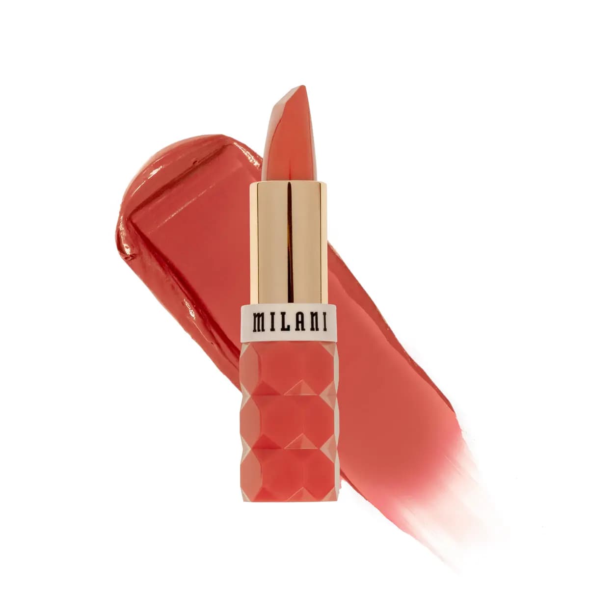 Open coral Milani lipstick in a matching faceted case over a glossy coral swatch