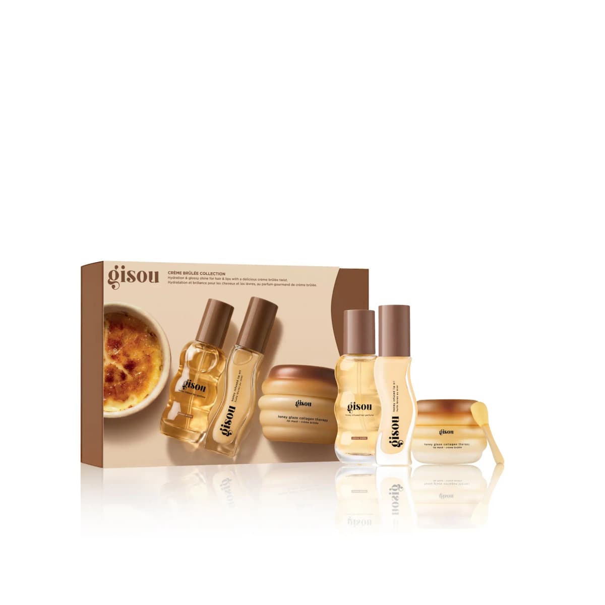Brown and beige gift box with product photo, displayed beside the hair perfume, lip oil and lip mask with spatula