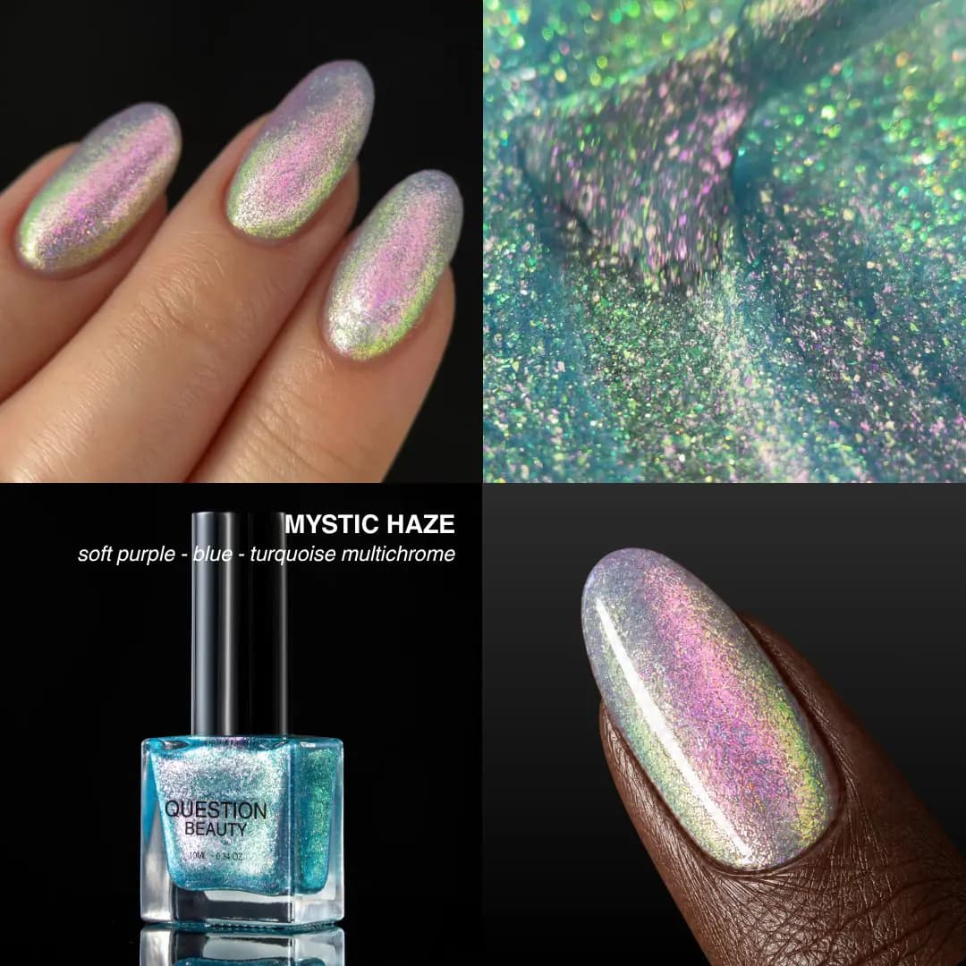 Mystic Haze soft purple-blue-turquoise multichrome shown as pastel shimmer on nails, macro swirl and bottle