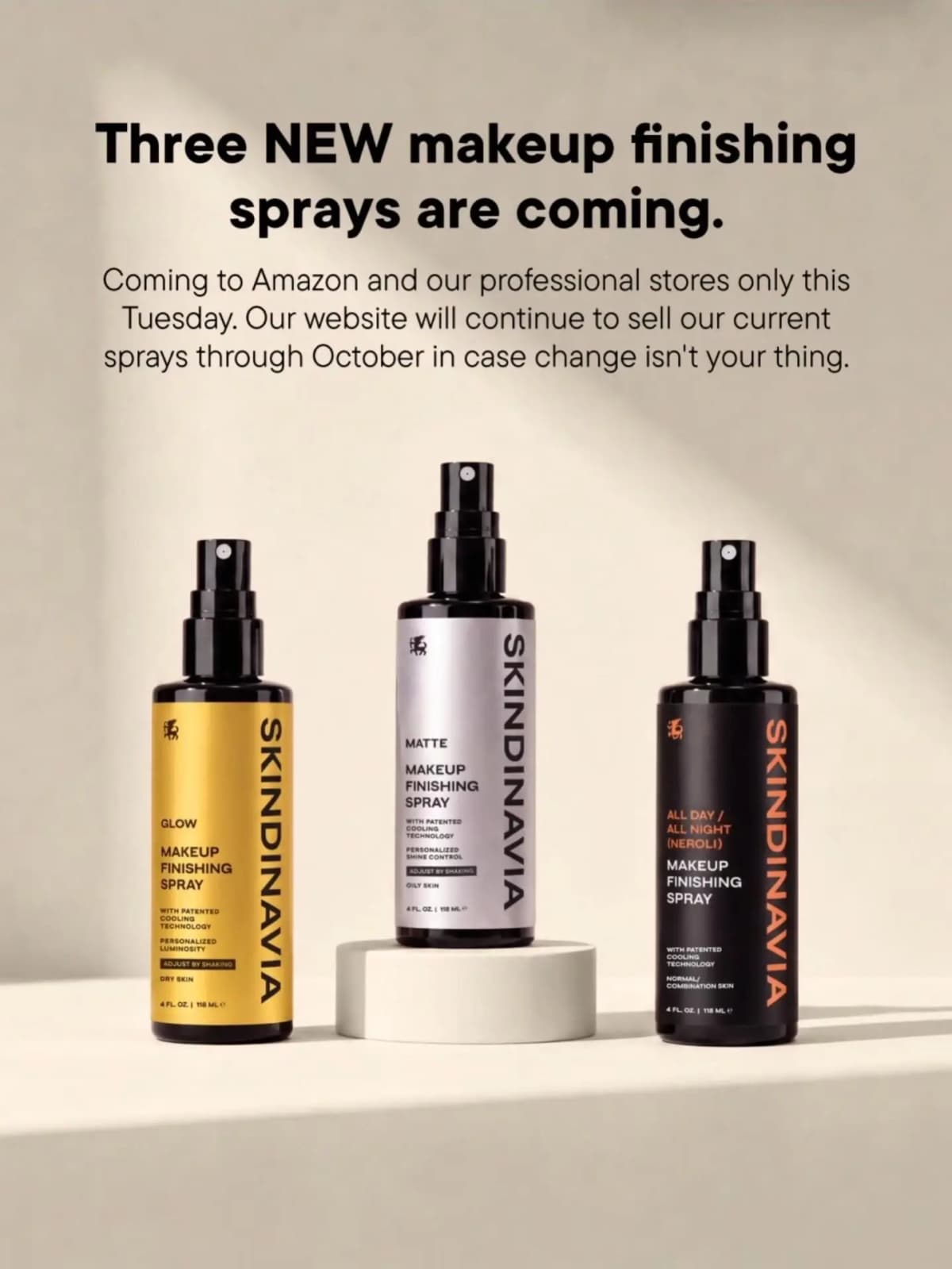 Skindinavia Glow, Matte and All Day / All Night Neroli sprays side by side, announcing three new finishing sprays