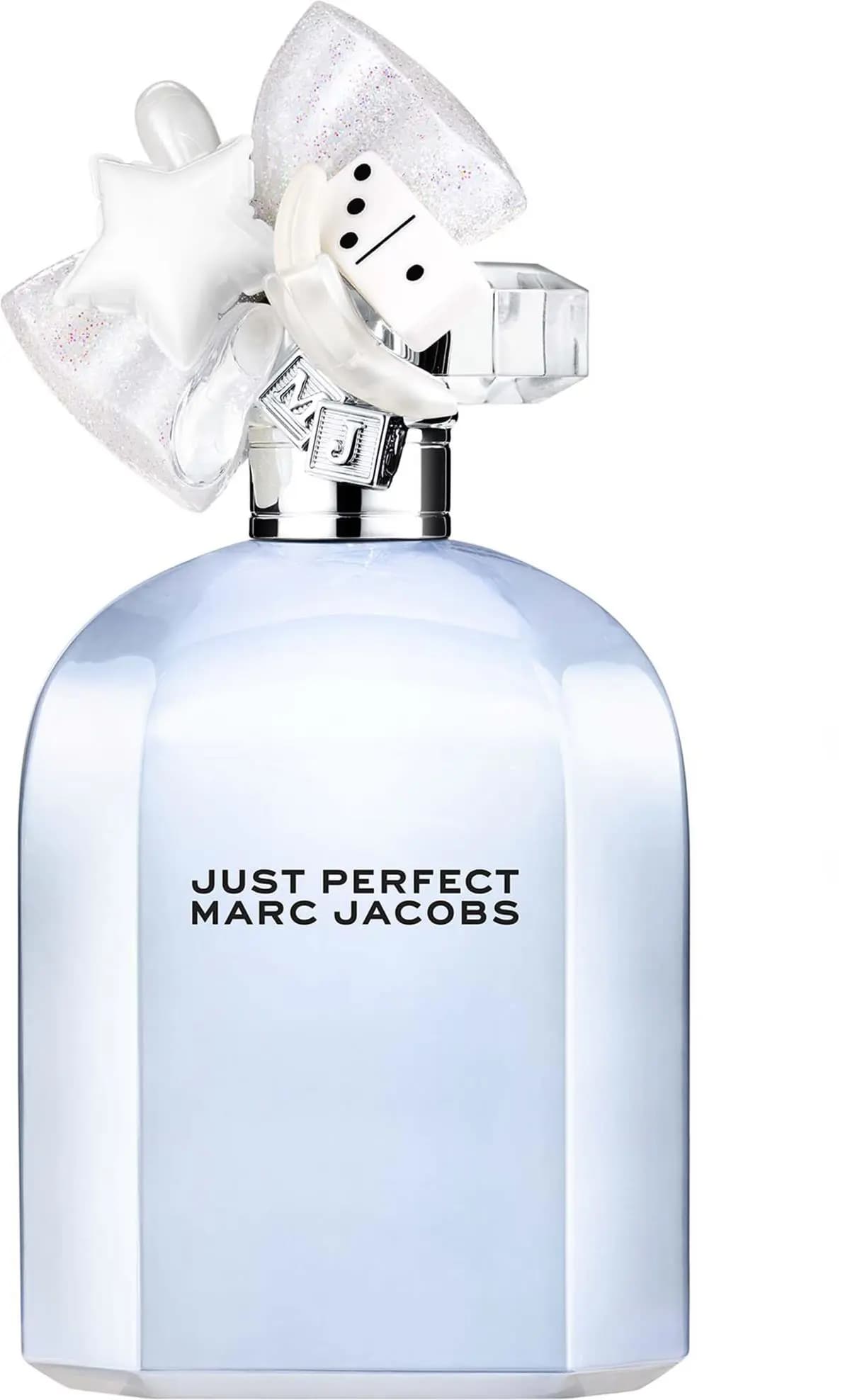Pale blue Just Perfect Marc Jacobs bottle with sparkly white bow, star, domino and MJ charm cap on white background