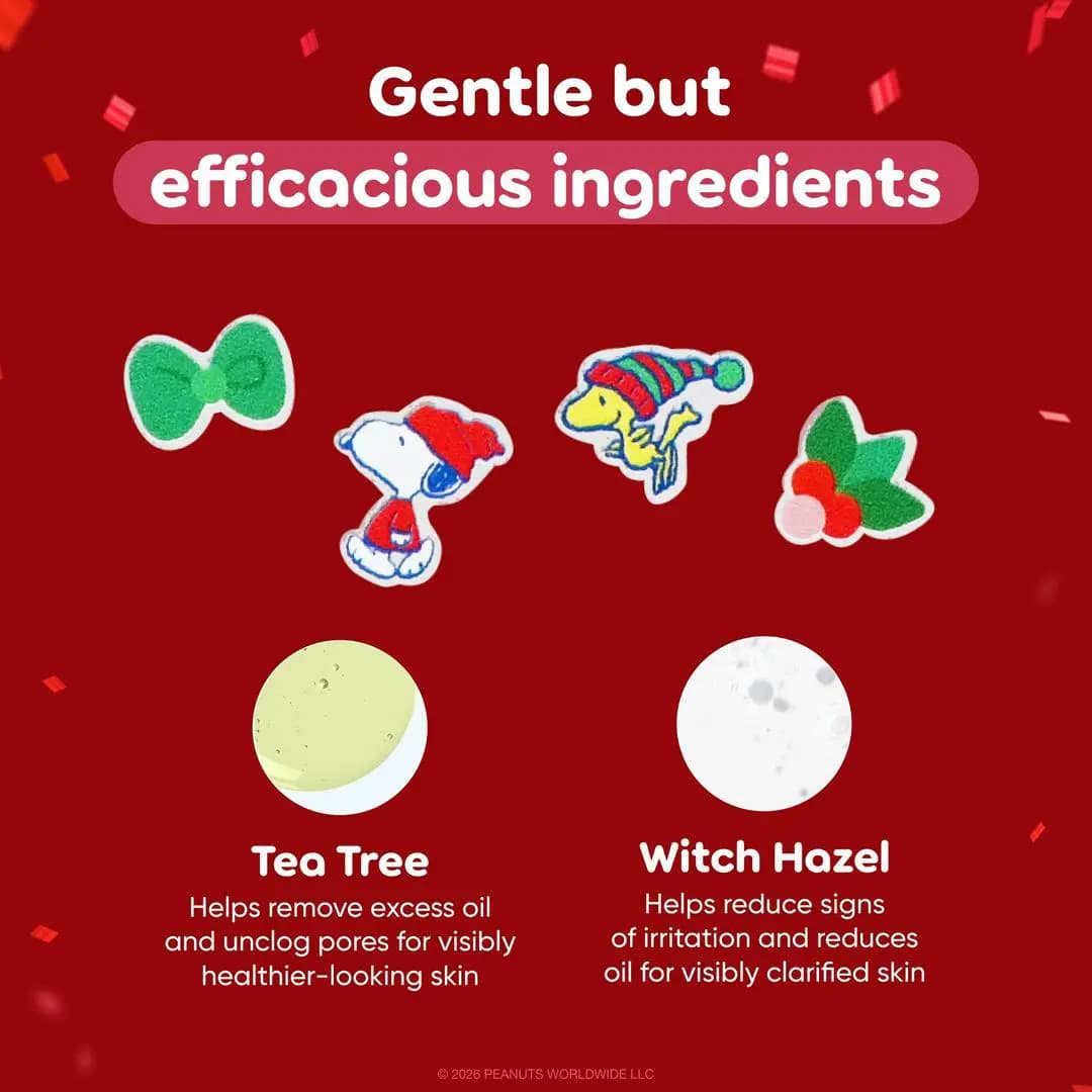 Bow, Snoopy, Woodstock and holly blemish patches on red above tea tree and witch hazel ingredient callouts.