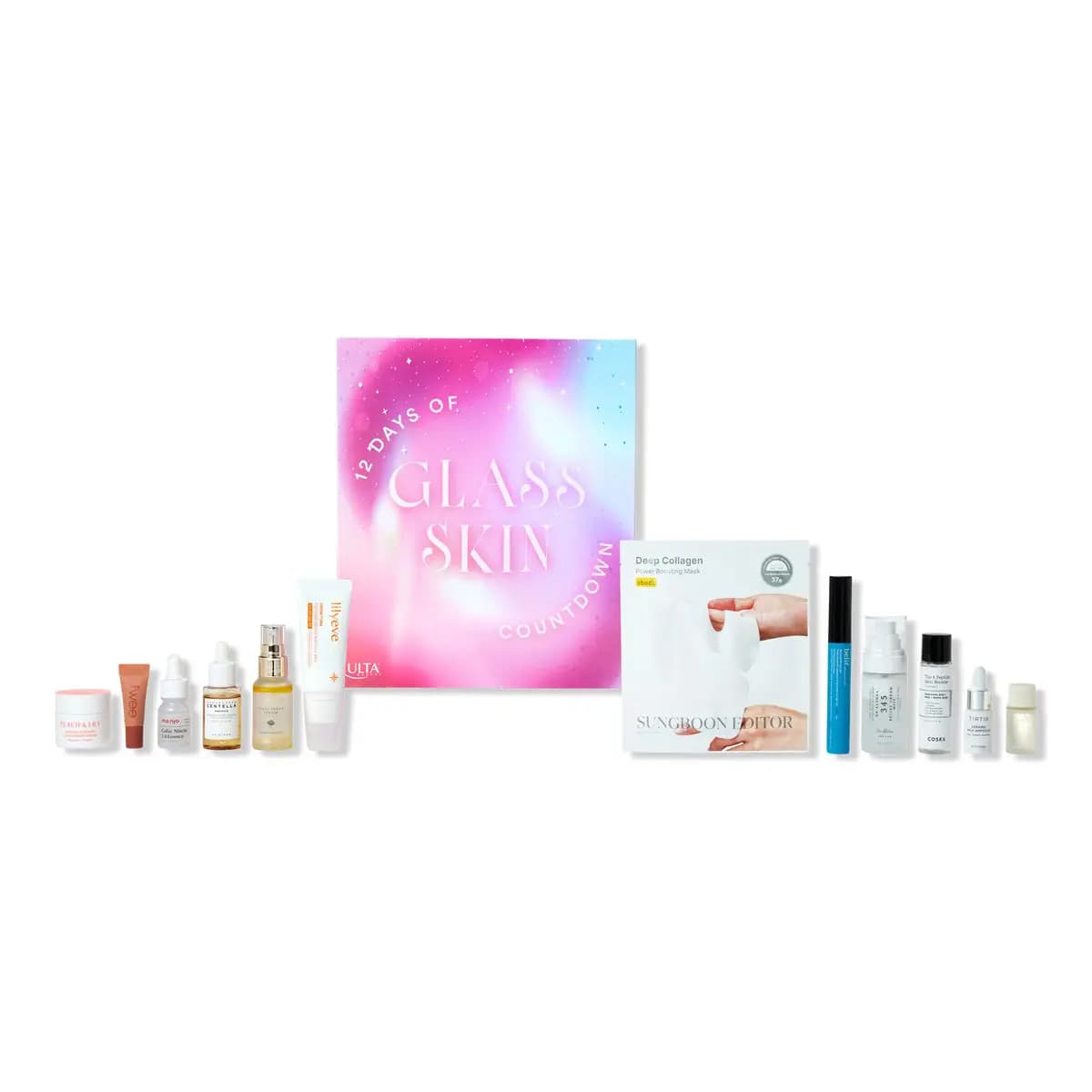 Ulta 12 Days of Glass Skin Countdown box in pink and aqua swirl, flanked by a row of its 12 K-beauty products