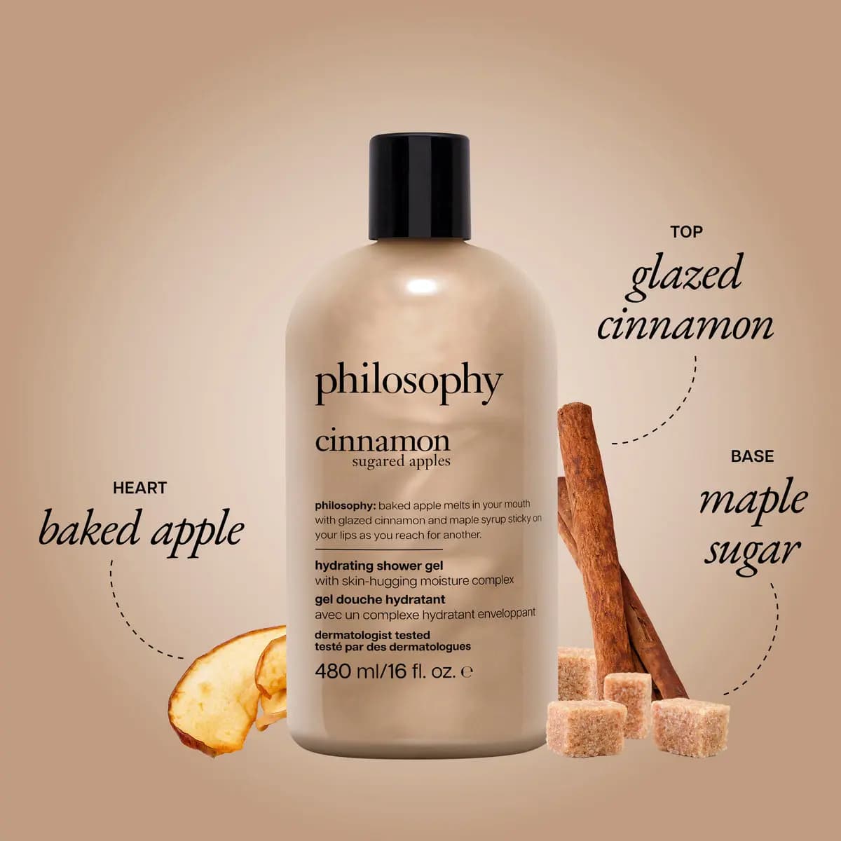 Shimmering taupe philosophy cinnamon sugared apples shower gel with dried apple slices, cinnamon sticks and sugar cubes