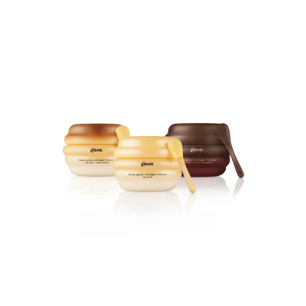 Honey Glaze lip mask trio: crème brûlée, original honey and cherry chocolate jars with spatulas