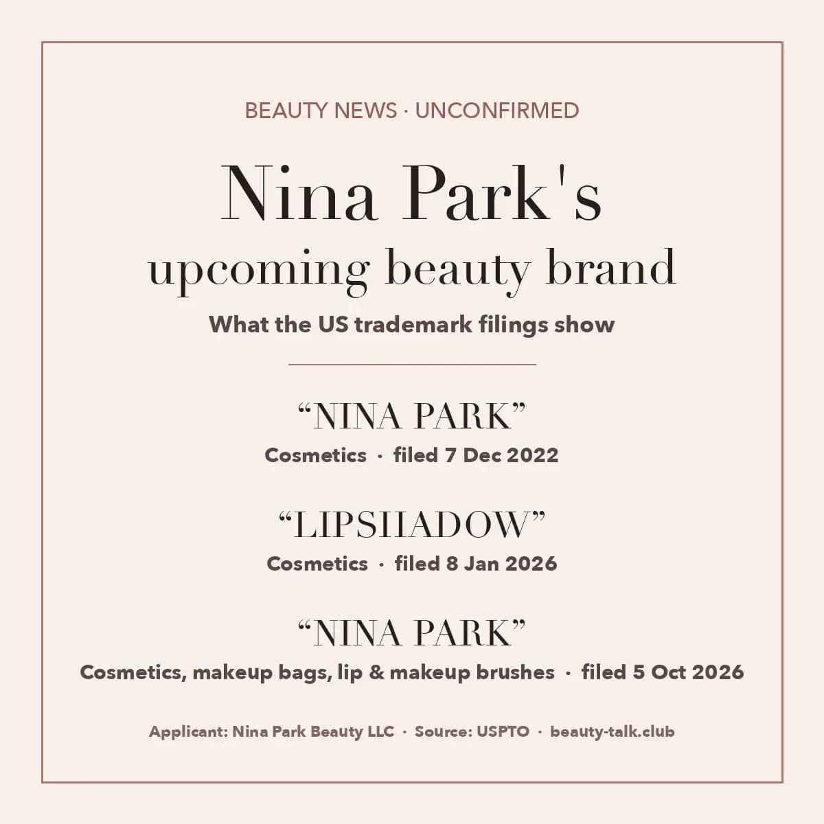 Beige graphic listing Nina Park's beauty brand trademark filings: NINA PARK and LIPSHADOW, filed 2022 to 2026, USPTO source