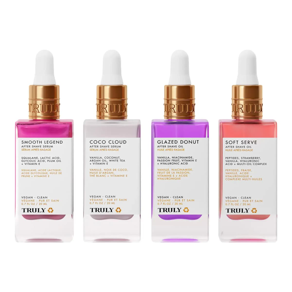 Four 20 mL dropper bottles in magenta, white, purple and coral with gold caps and white ingredient labels