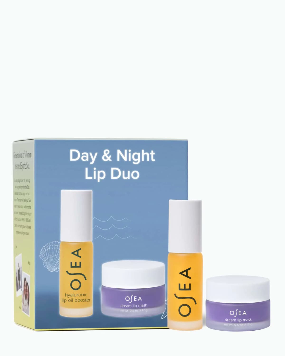 Day & Night Lip Duo box with yellow hyaluronic lip oil booster tube and purple dream lip mask jar