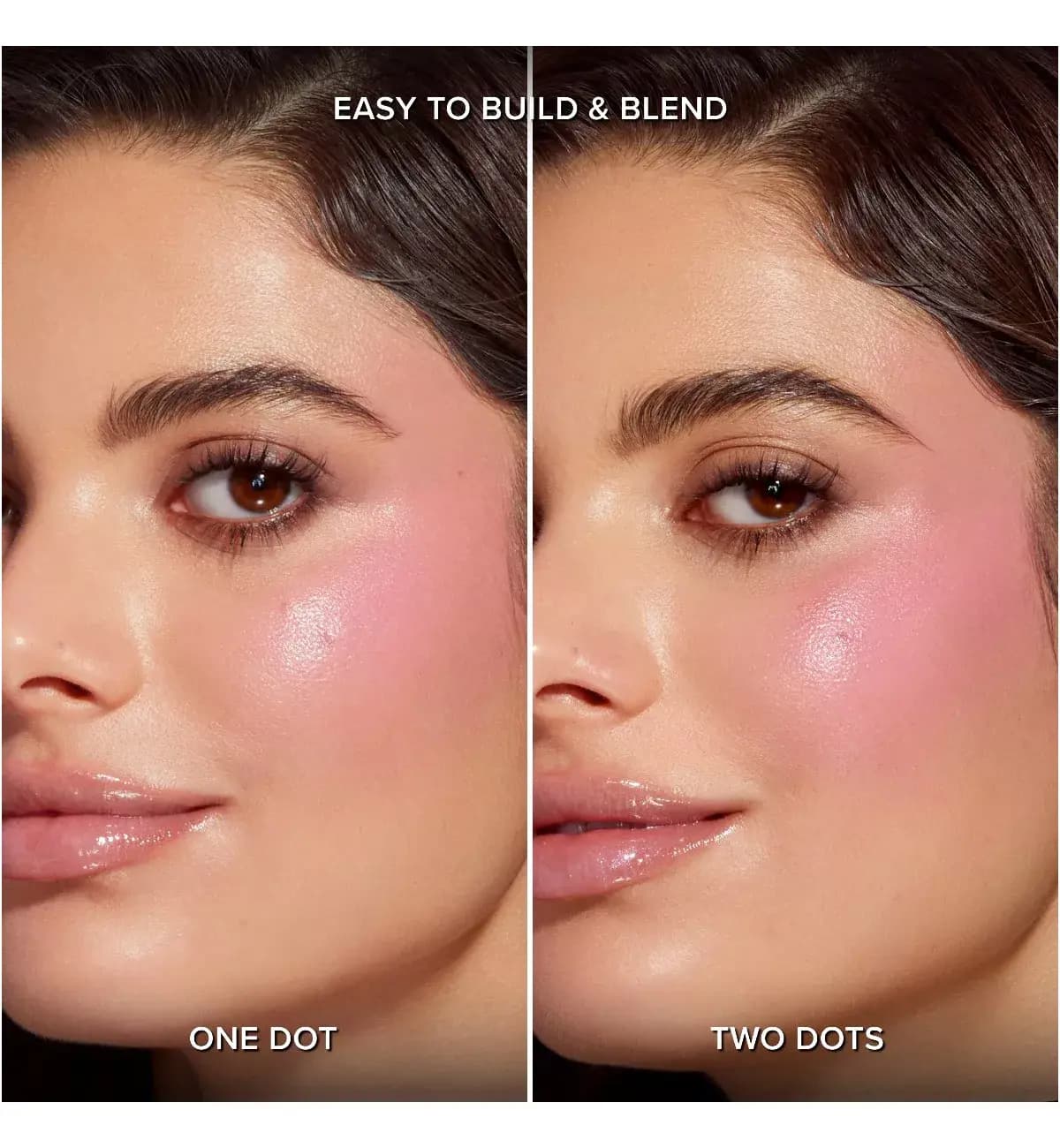 Model's cheek showing blush built from one dot to two dots for a deeper pink flush