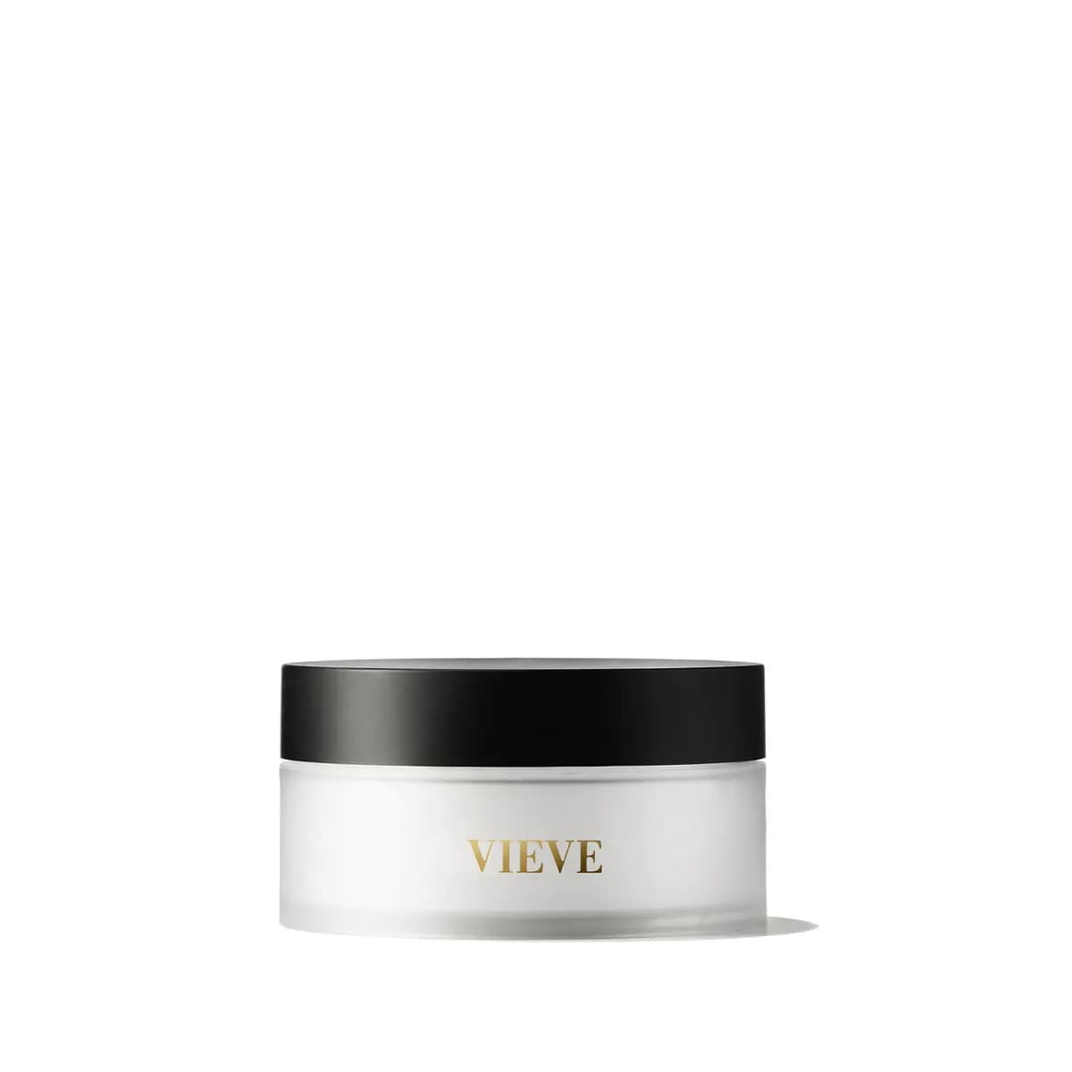 Frosted white jar with matte black lid and gold VIEVE logo on a white background